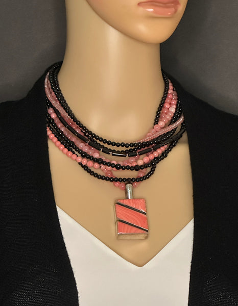 Black and Coral Multi-Strand Statement Necklace