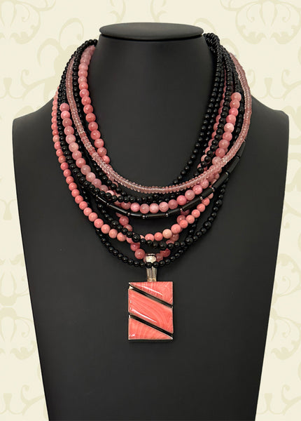 Black and Coral Multi-Strand Statement Necklace