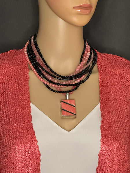 Black and Coral Multi-Strand Statement Necklace
