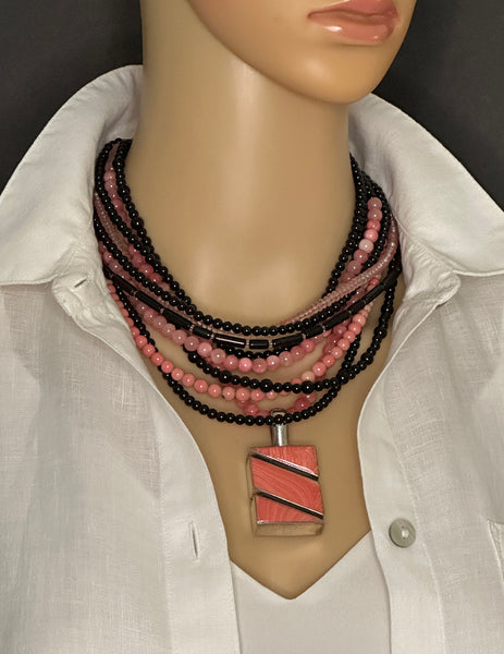 Black and Coral Multi-Strand Statement Necklace