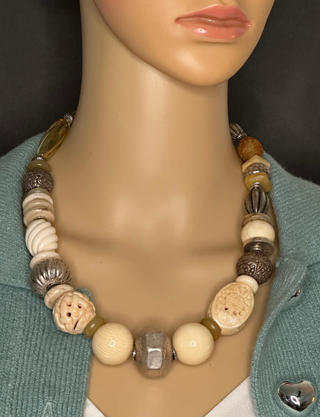 Mixed-Bead Natural and Silver Statement Necklace