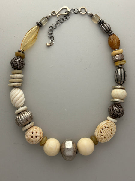 Mixed-Bead Natural and Silver Statement Necklace