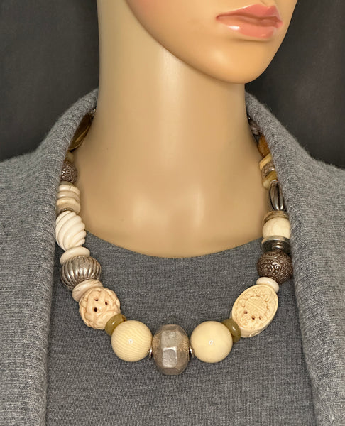 Mixed-Bead Natural and Silver Statement Necklace