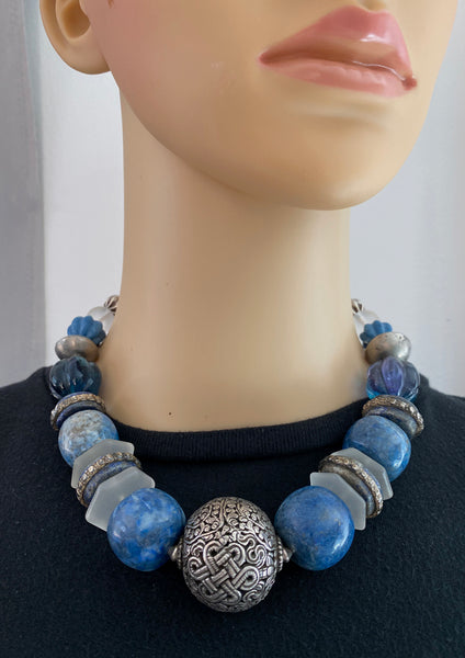 Denim Lapis and Silver Mixed-Bead Statement Necklace