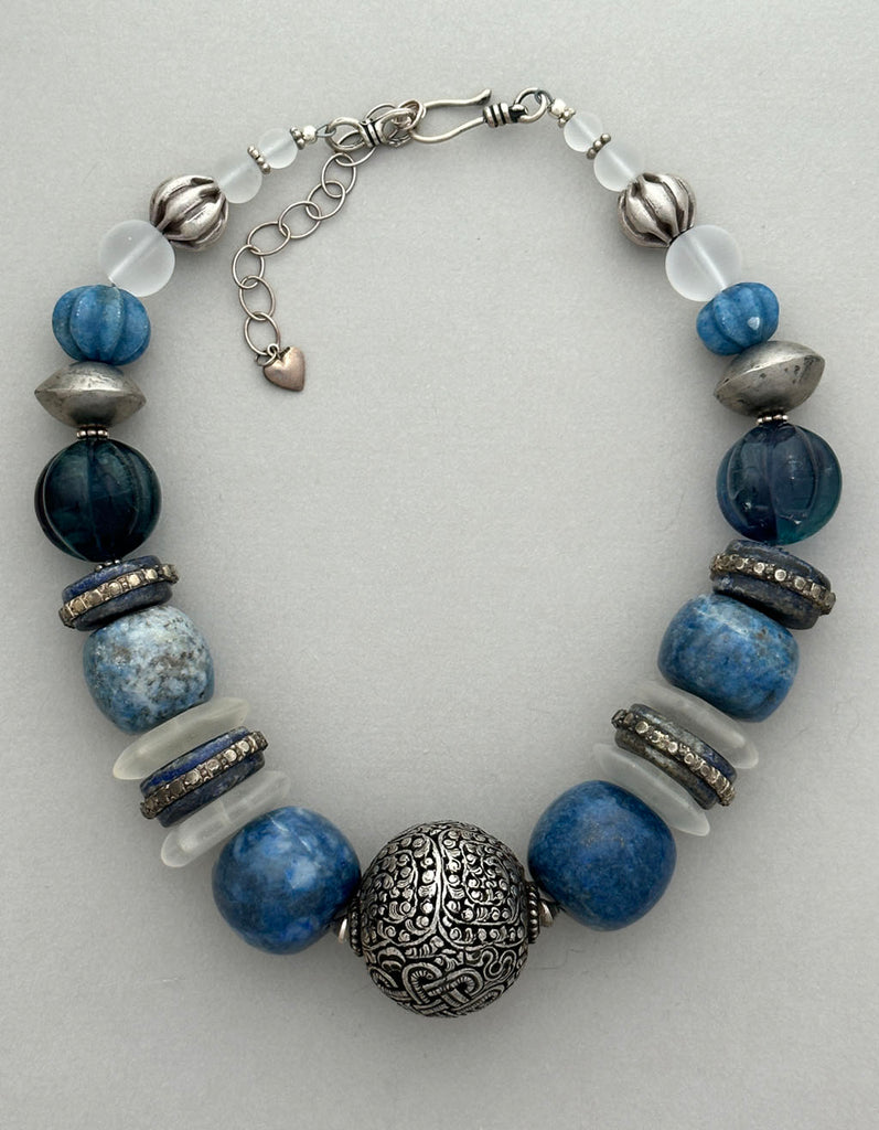 Denim Lapis and Silver Mixed-Bead Statement Necklace