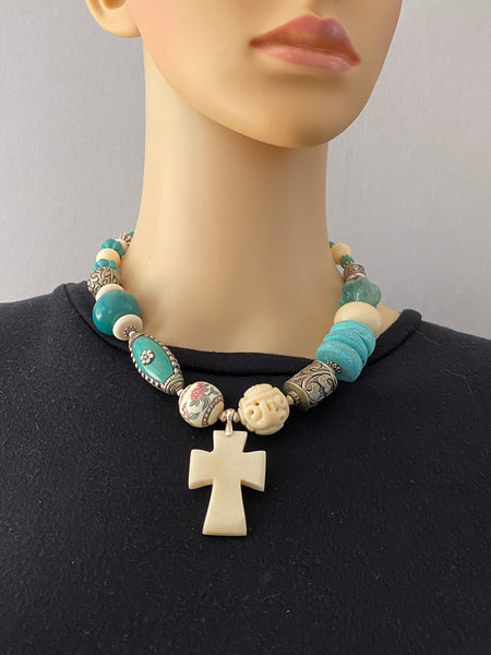 Mixed-Bead Statement Necklace with Tagua Pendant