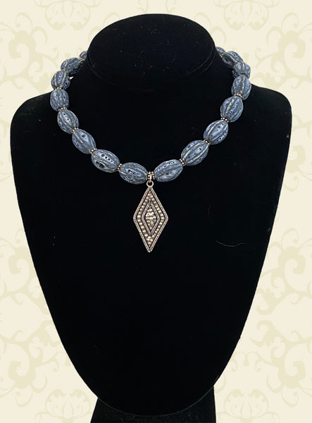 Afghan Ceramic Statement Necklace with Silver Pendant
