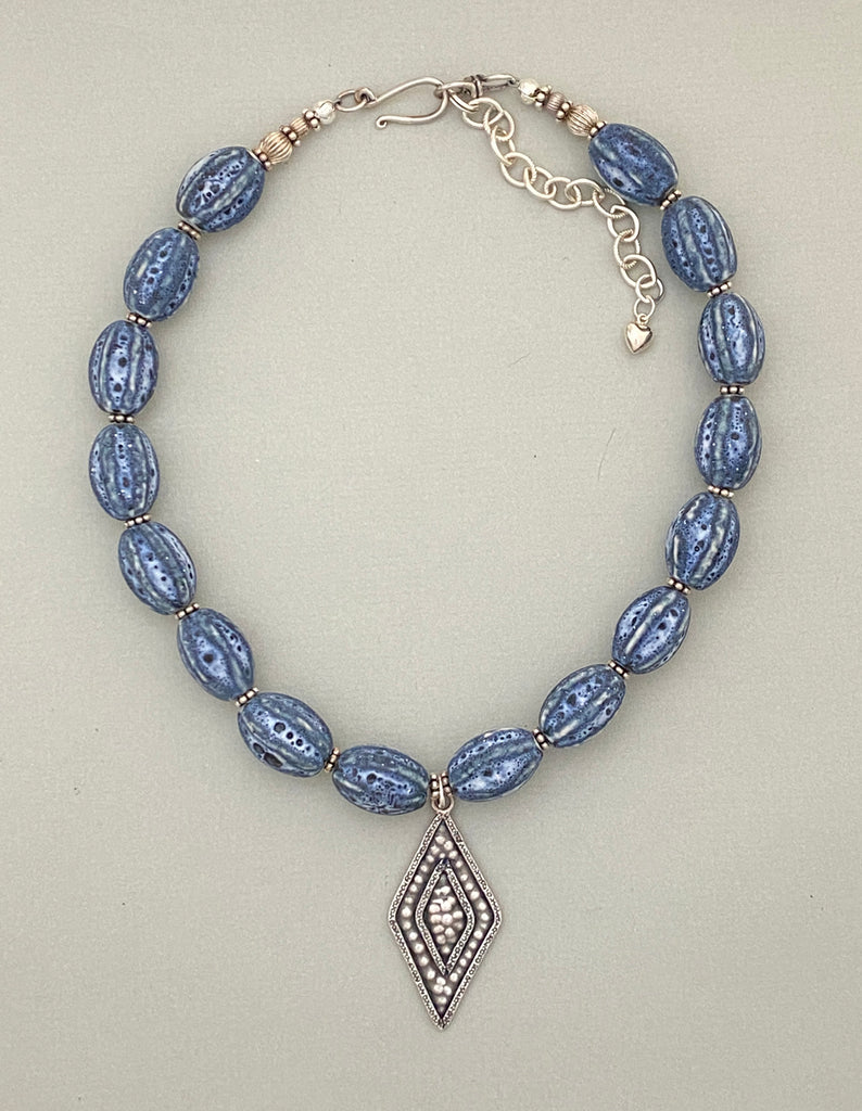 Afghan Ceramic Statement Necklace with Silver Pendant