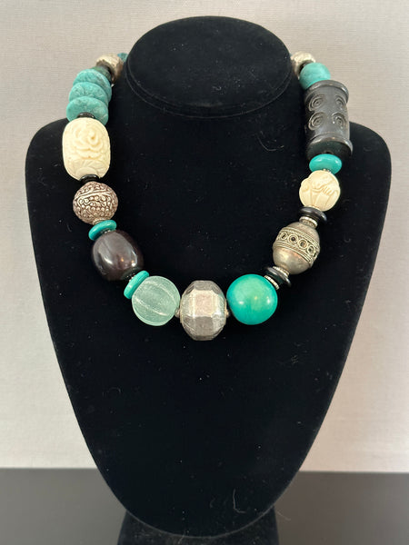 Mixed-Bead Black and Turquoise Statement Necklace