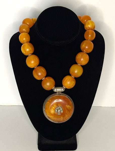 Vintage African Copal with Tibetan Pendant Statement Necklace