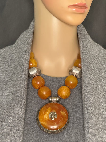 Vintage African Copal with Tibetan Pendant Statement Necklace