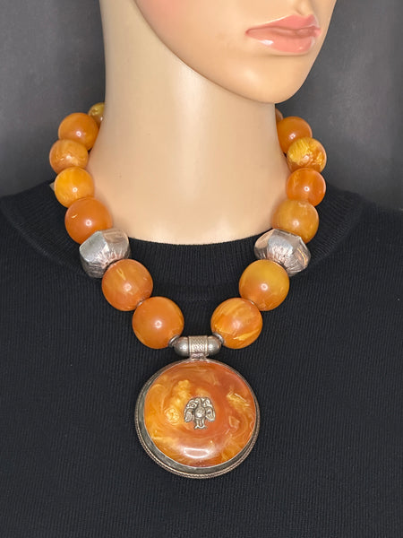 Vintage African Copal with Tibetan Pendant Statement Necklace