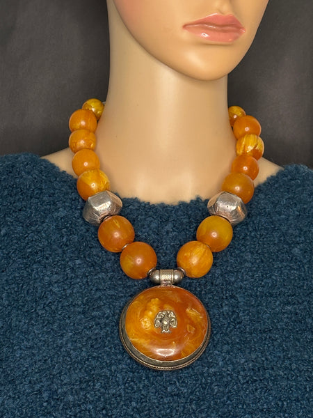 Vintage African Copal with Tibetan Pendant Statement Necklace