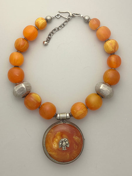 Vintage African Copal with Tibetan Pendant Statement Necklace