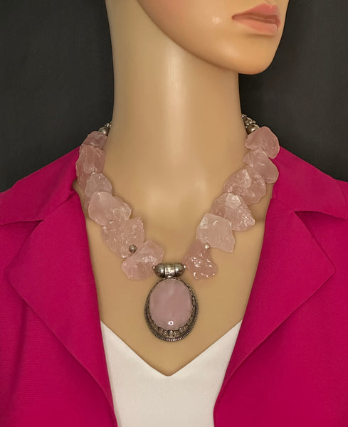 Rose Quartz with Pendant Statement Necklace