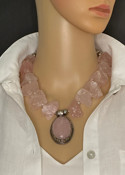 Rose Quartz with Pendant Statement Necklace