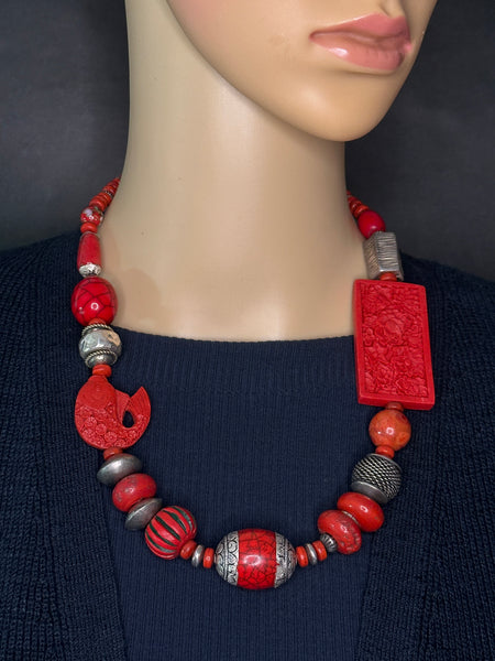 Red and Silver Mixed-Bead Statement Necklace