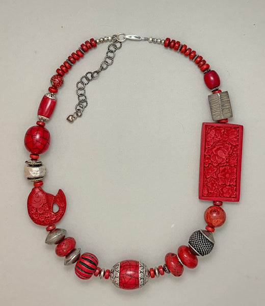 Red and Silver Mixed-Bead Statement Necklace