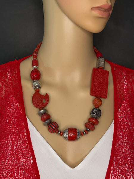 Red and Silver Mixed-Bead Statement Necklace