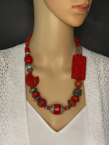 Red and Silver Mixed-Bead Statement Necklace