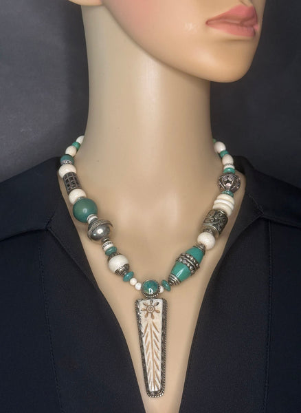 Mixed-Bead with Tibetan Pendant Statement Necklace
