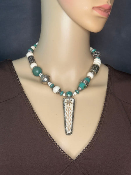 Mixed-Bead with Tibetan Pendant Statement Necklace