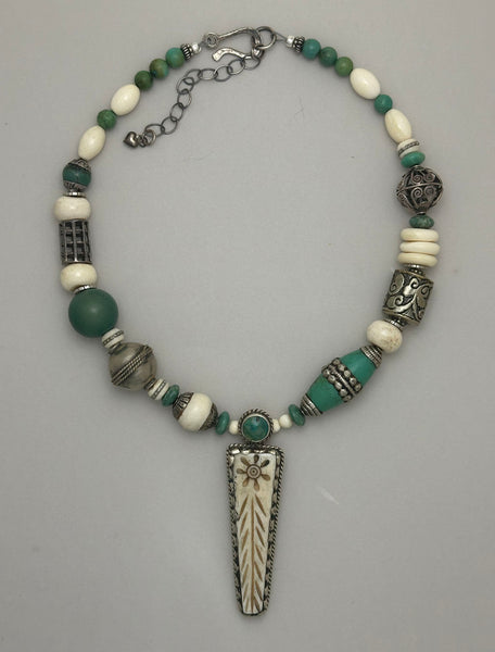 Mixed-Bead with Tibetan Pendant Statement Necklace