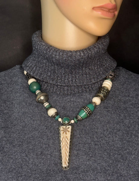 Mixed-Bead with Tibetan Pendant Statement Necklace