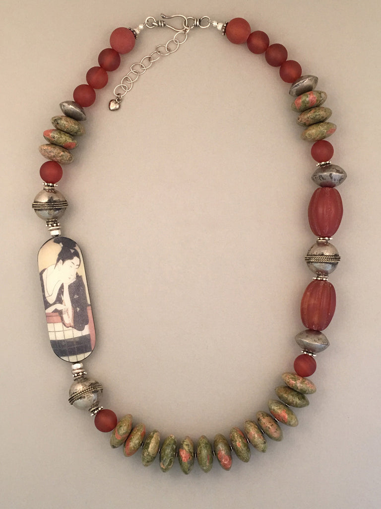 Single strand unakite and sterling silver statement necklace.  Handcrafted, one-of-a-kind.