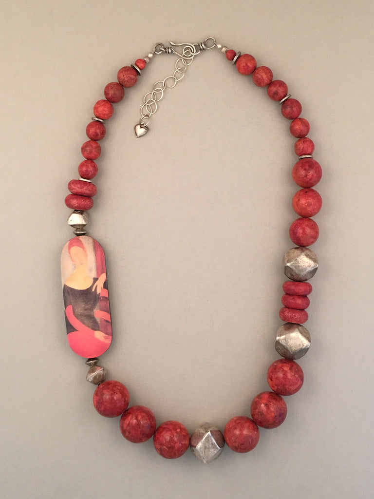 Single strand coral and sterling silver statement necklace.  Handcrafted, one-of-a-kind.