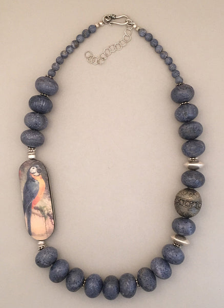 Single strand natural blue coral, antique and sterling silver statement necklace.  Handcrafted.