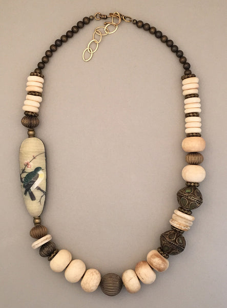 Single strand jasper and brass statement necklace.  Handcrafted.  Polymer clay art bead with bird image provides a focal point.