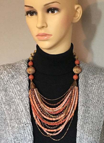 Multi-Strand Terra Cotta and Copper Statement Necklace