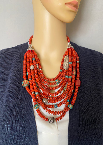 Multi-Strand Red Tibetan Glass and Silver Statement Necklace