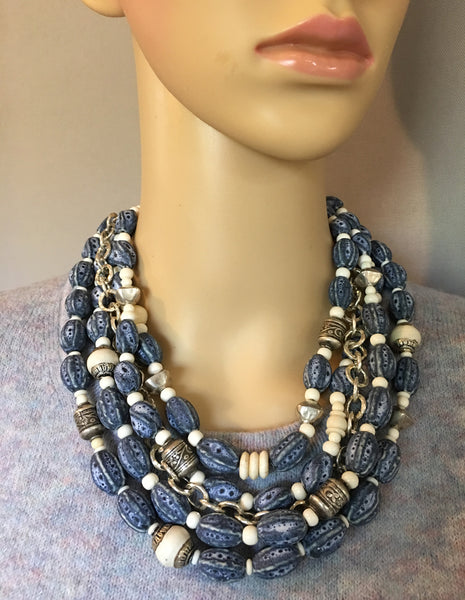 Multi-Strand Blue Afghan Ceramic Statement Necklace