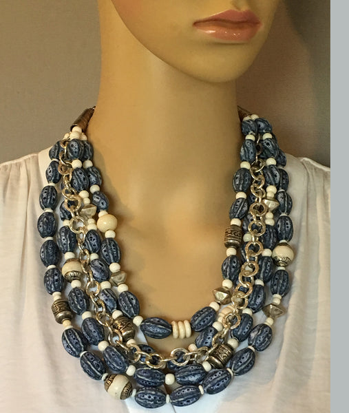 Multi-Strand Blue Afghan Ceramic Statement Necklace