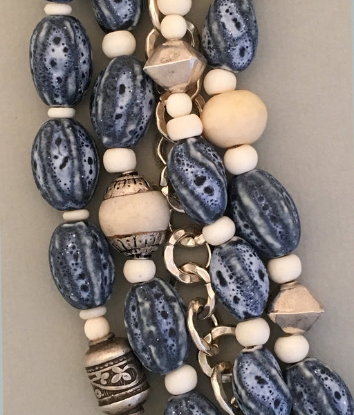 Multi-Strand Blue Afghan Ceramic Statement Necklace