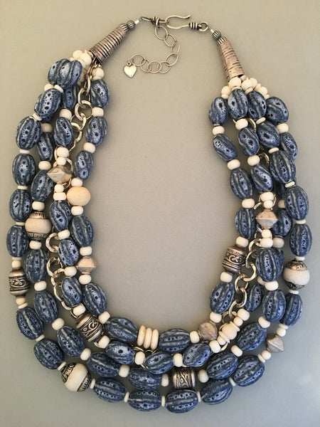 Multi-Strand Blue Afghan Ceramic Statement Necklace