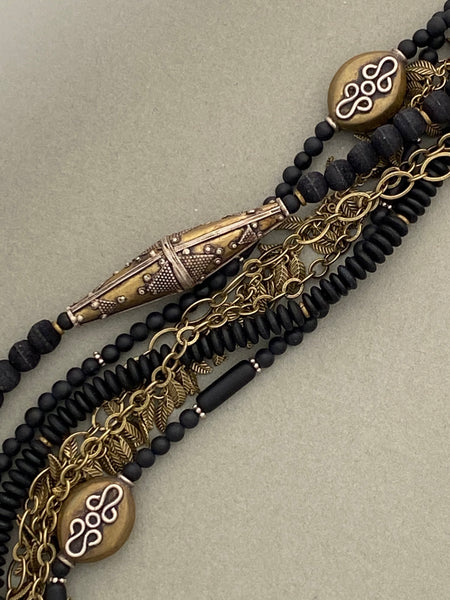 Long Black and Brass Statement Necklace