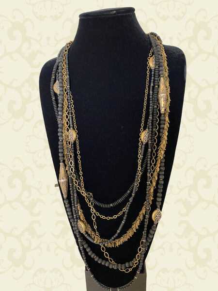 Long Black and Brass Statement Necklace