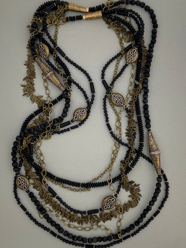 Long Black and Brass Statement Necklace