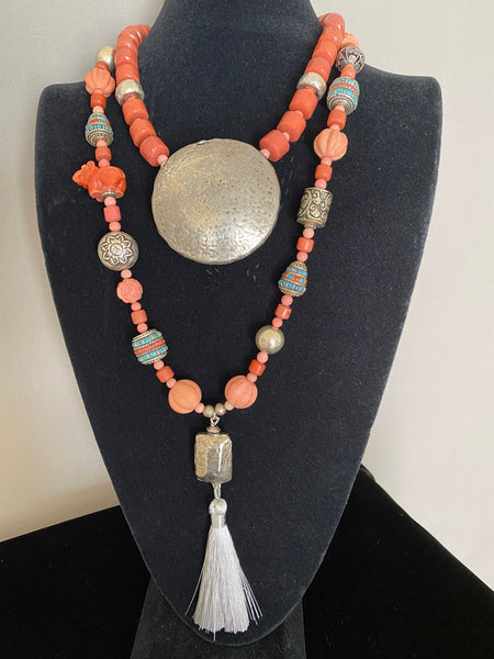 Long Mixed-Bead Coral Statement Necklace