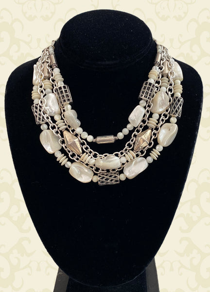 Multi-Strand Mother of Pearl and Silver Statement Necklace