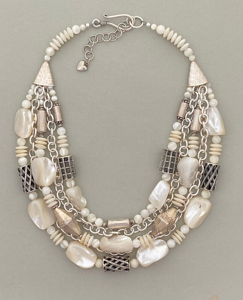 Multi-Strand Mother of Pearl and Silver Statement Necklace