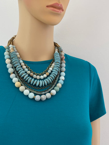 Multi-Strand Amazonite and Brass Statement Necklace