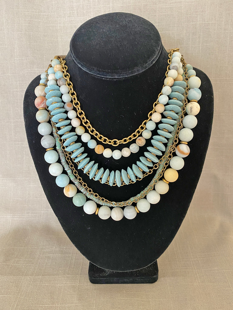Multi Strand Amazonite and Brass Statement Necklace