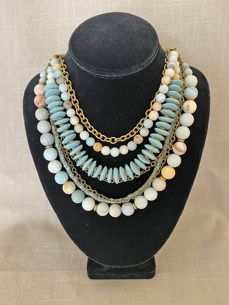 Multi-Strand Amazonite and Brass Statement Necklace