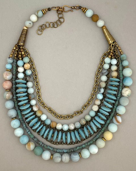 Multi-Strand Amazonite and Brass Statement Necklace