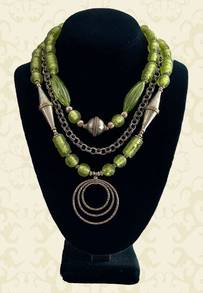 Multi-Strand Green and Silver Statement Necklace