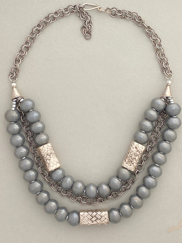 Gray Ceramic and Silver Statement Necklace